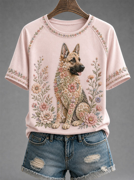 Women's Floral Dog Print Casual Tee