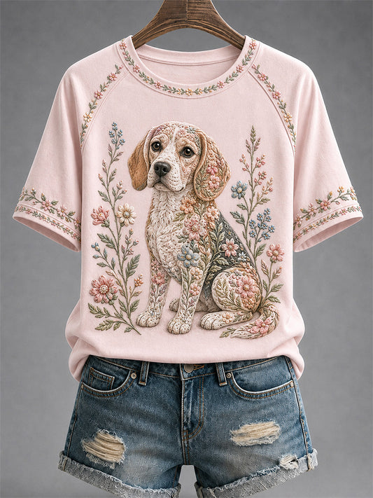 Women's Floral Dog Print Casual Tee