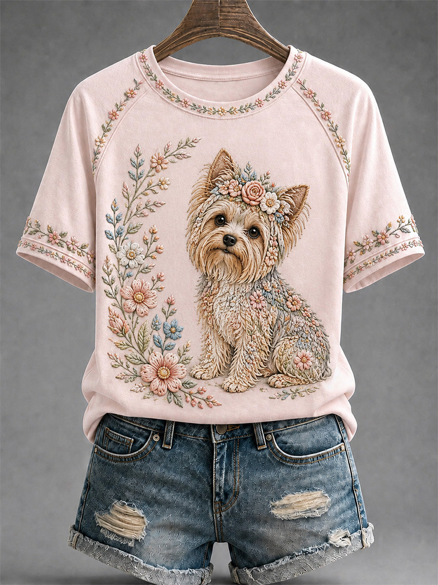 Women's Floral Dog Print Casual Tee