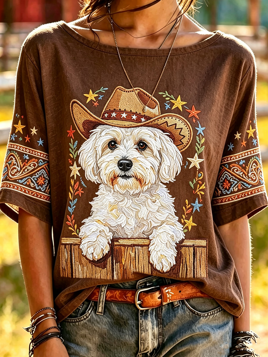 Women's Funny Cowboy Dog Printed Vintage Fashion Loose Short Sleeve T-Shirt