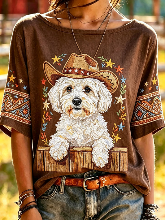 Women's Funny Cowboy Dog Printed Vintage Fashion Loose Short Sleeve T-Shirt