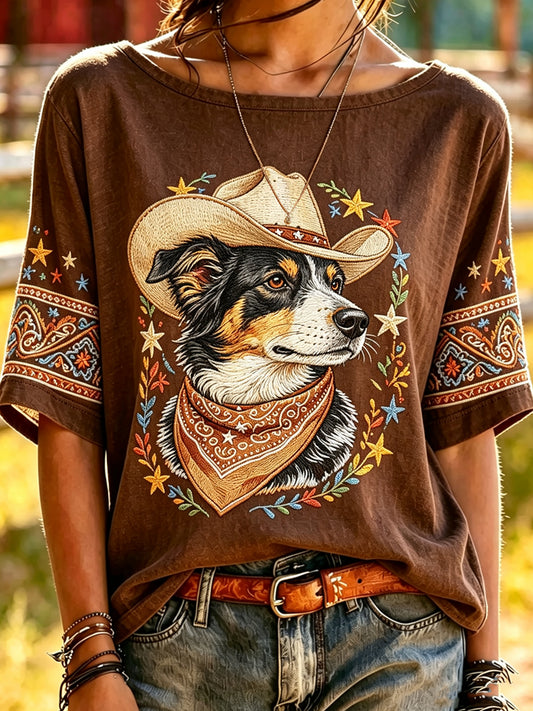 Women's Funny Cowboy Dog Printed Vintage Fashion Loose Short Sleeve T-Shirt