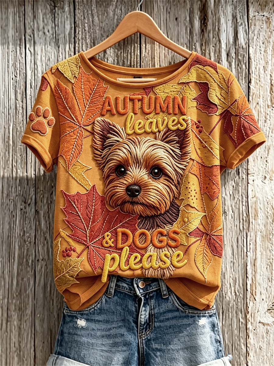 Women's Autumn Leaves & Dogs Please Peeking Yorkshire Terrier Dog Print short-sleeved T-shirt