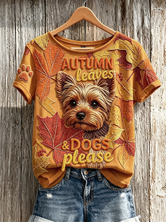 Women's Autumn Leaves & Dogs Please Peeking Yorkshire Terrier Dog Print short-sleeved T-shirt