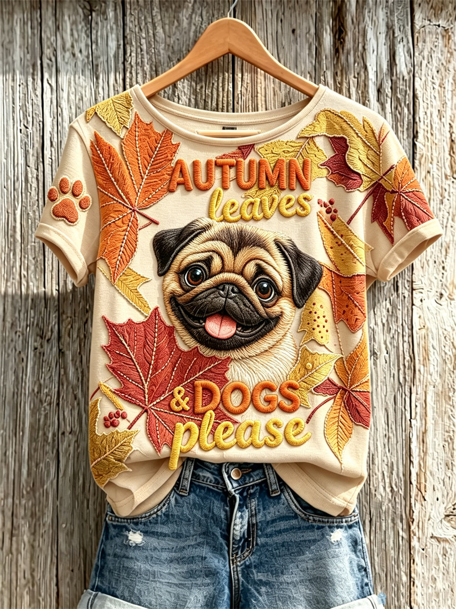 Women's Autumn Leaves & Dogs Please Peeking Pug Dog Print short-sleeved T-shirt