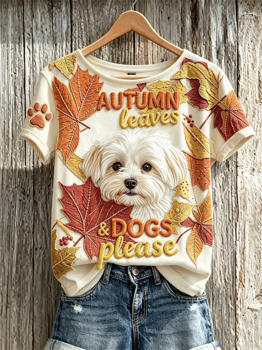 Women's Autumn Leaves & Dogs Please Peeking Maltese Dog Print short-sleeved T-shirt