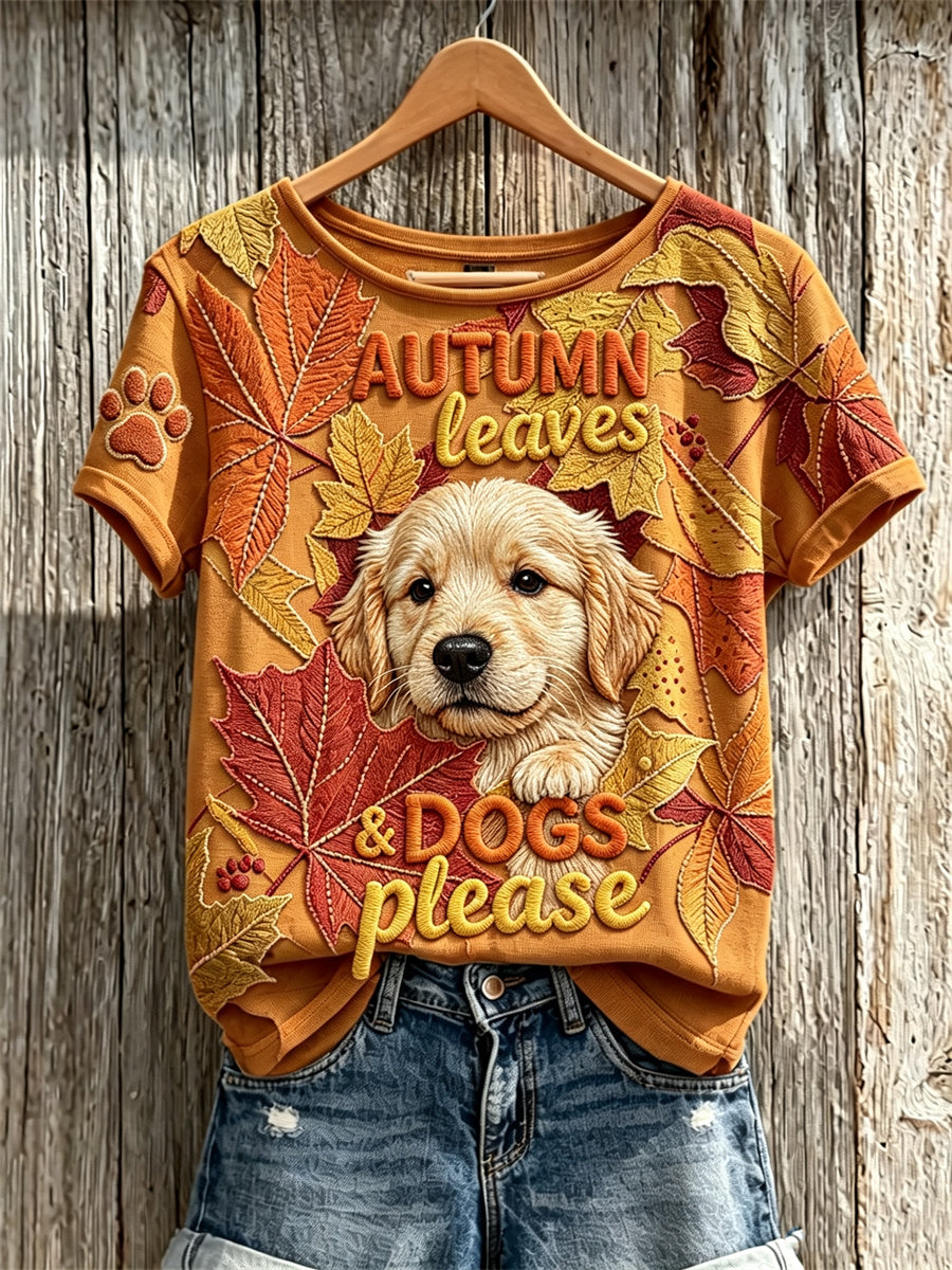 Women's Autumn Leaves & Dogs Please Peeking Golden Retriever Dog Print short-sleeved T-shirt