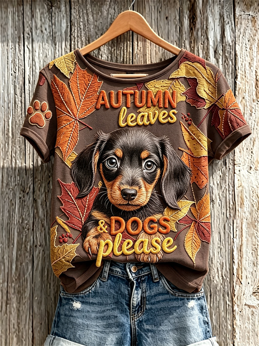 Women's Autumn Leaves & Dogs Please Peeking Dachshund Dog Print short-sleeved T-shirt