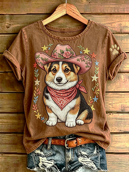 Women's Funny Cowboy Dog Printed Vintage Fashion Loose Short Sleeve T-Shirt