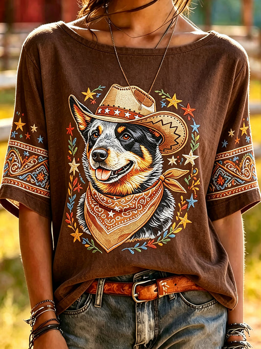 Women's Funny Cowboy Dog Printed Vintage Fashion Loose Short Sleeve T-Shirt