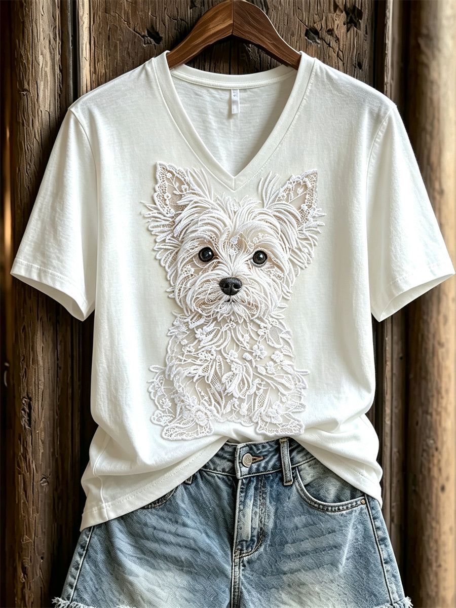 Women's Lovely Yorkshire Terrier Dog Lace Art Print short-sleeved T-shirt