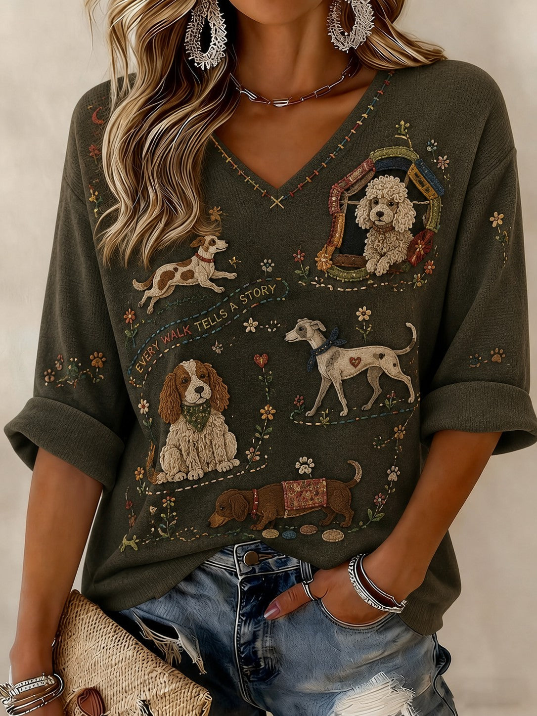 Women's Dog Printed Mid-length Sleeves V-neck T-shirt