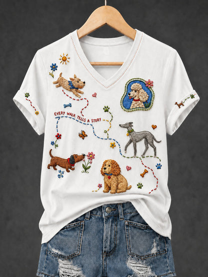 Women's Dog Printed V-neck T-shirt