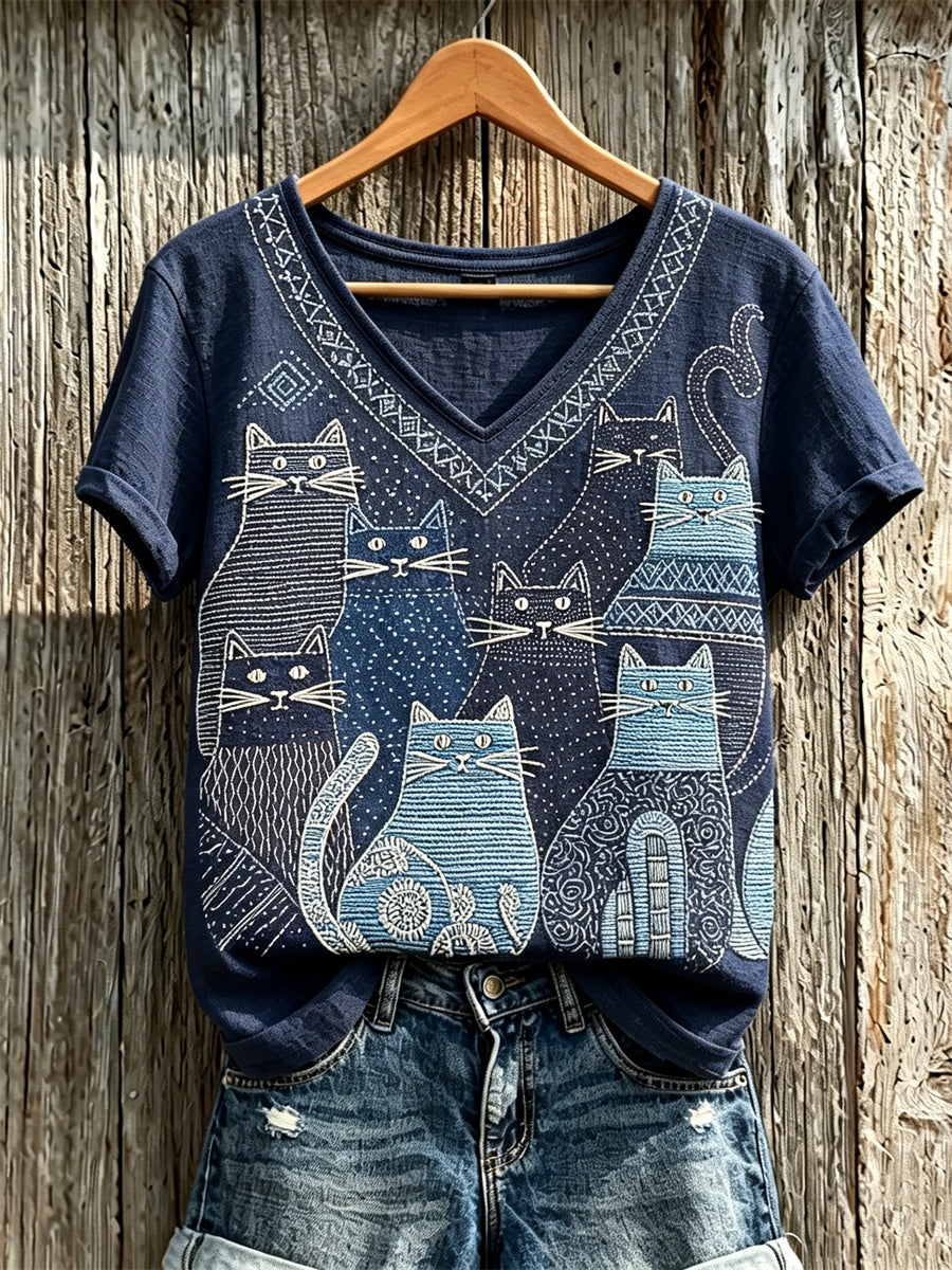 Women's Crowded Cats Japanese Sashiko Art Print linen short-sleeved T-shirt