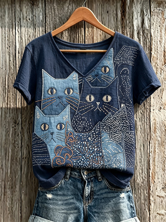 Women's Crowded Cats Japanese Sashiko Art Print linen short-sleeved T-shirt