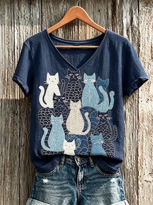 Women's Crowded Cats Japanese Sashiko Art Print linen short-sleeved T-shirt