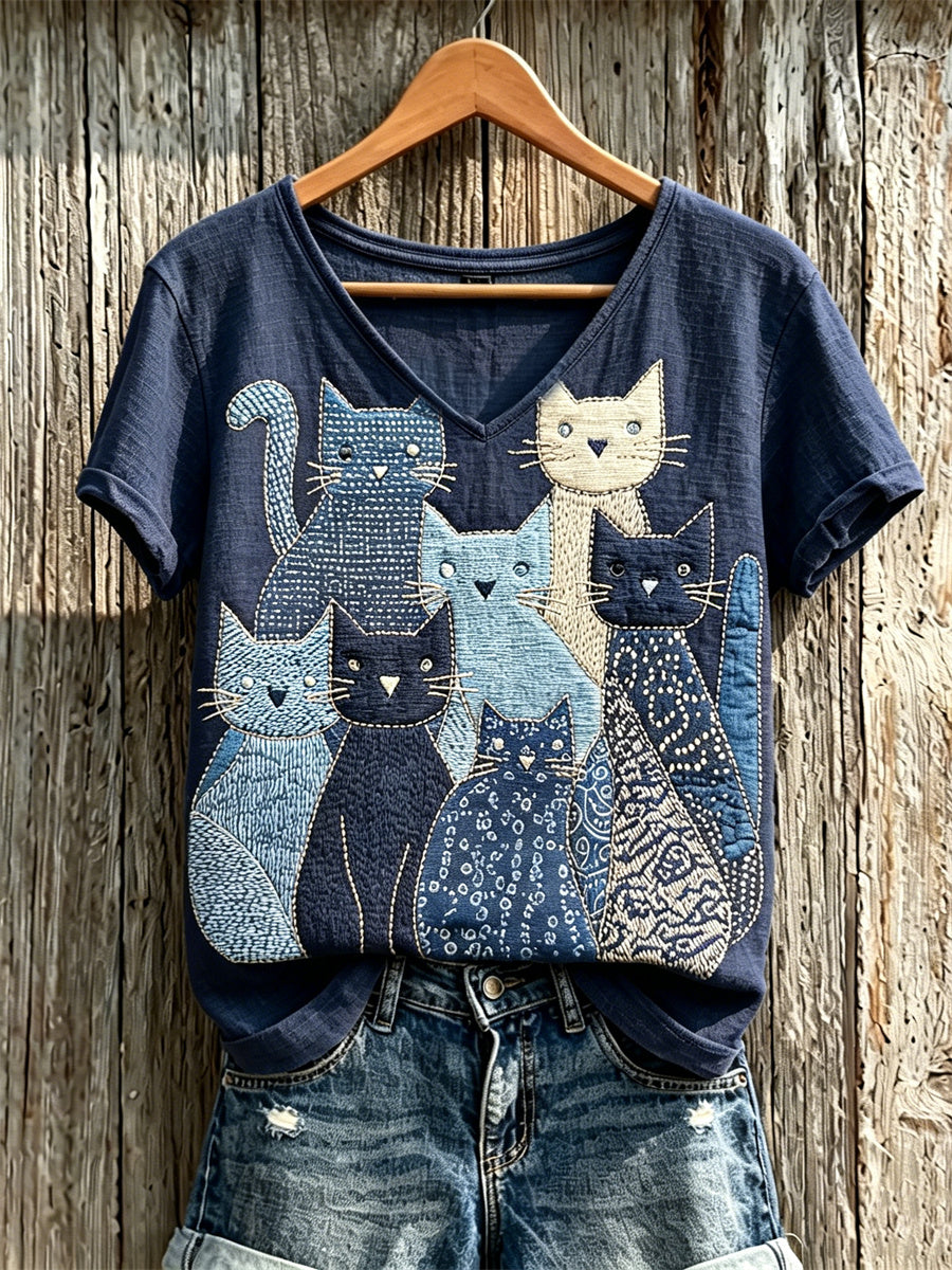 Women's Crowded Cats Japanese Sashiko Art Print linen short-sleeved T-shirt