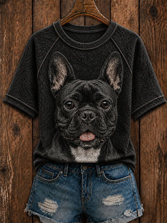 Women's Cute French Bulldog Art Round Neck Short Sleeve T-shirt