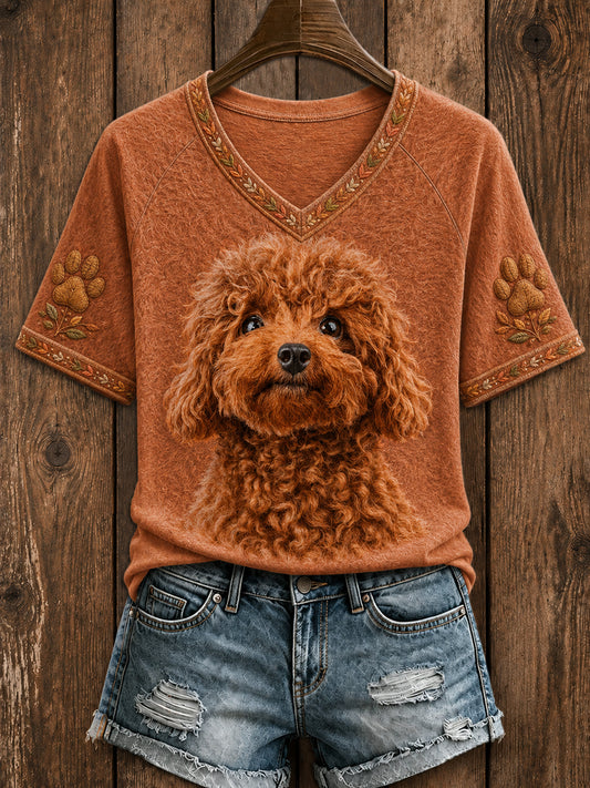 Women's Cute Poodle   Art V-neck Short Sleeve T-shirt