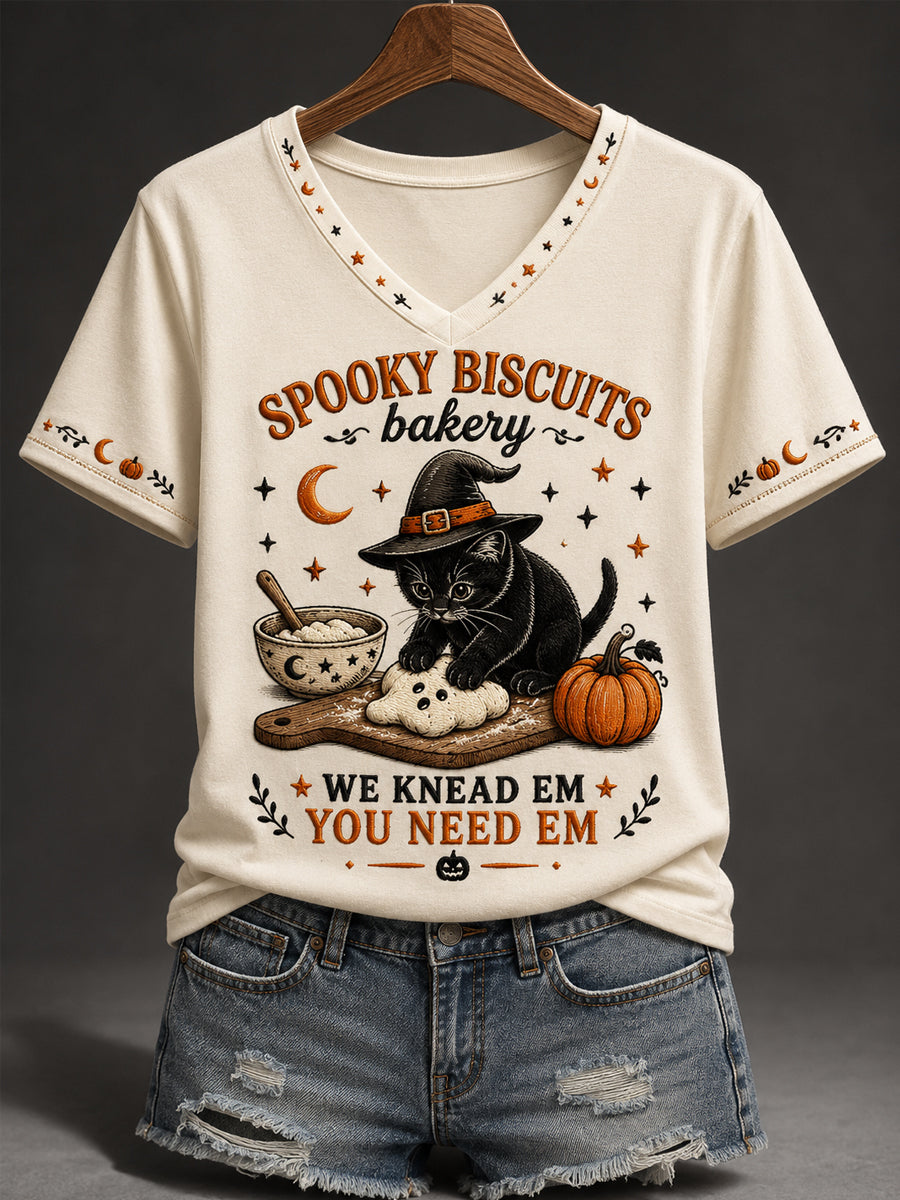 Women's Halloween Black Cat Spooky Biscuits Bakery Pumpkin Print Casual V-Neck Tee
