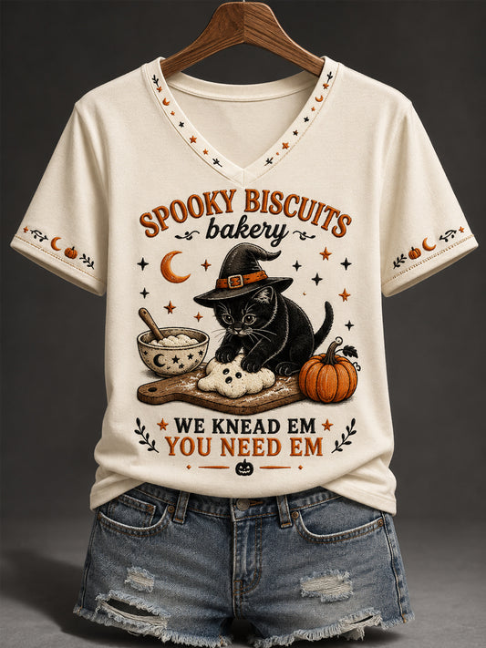 Women's Halloween Black Cat Spooky Biscuits Bakery Pumpkin Print Casual V-Neck Tee