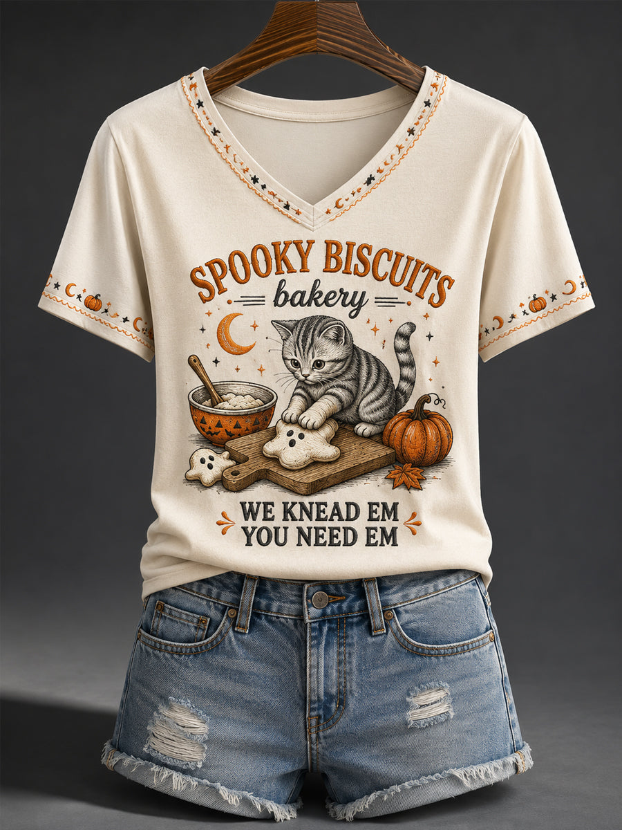 Women's Halloween Black Cat Spooky Biscuits Bakery Pumpkin Print Casual V-Neck Tee