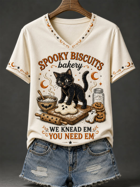 Women's Halloween Black Cat Spooky Biscuits Bakery Pumpkin Print Casual V-Neck Tee