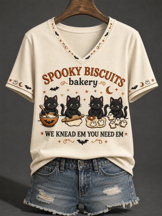 Women's Halloween Black Cat Spooky Biscuits Bakery Pumpkin Print Casual V-Neck Tee