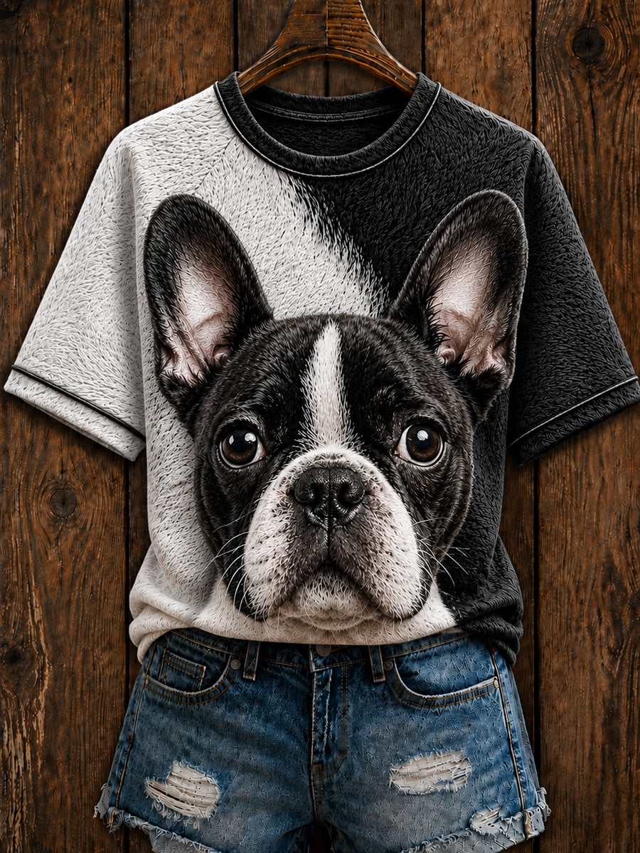 Women's Cute Boston Terrier  Art Round Neck Short Sleeve T-shirt