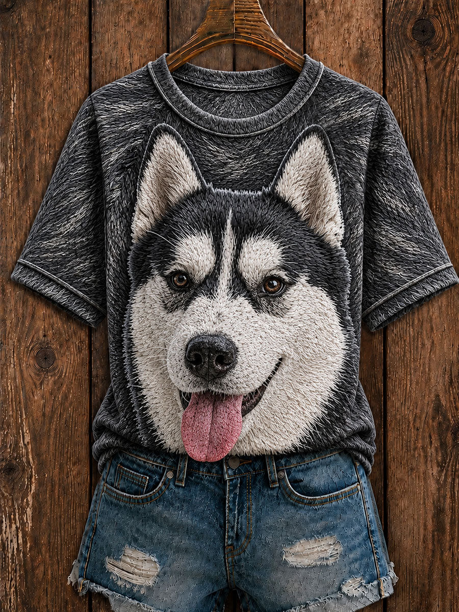 Women's Cute Husky  Art Round Neck Short Sleeve T-shirt