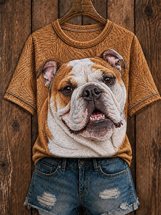 Women's Cute English Bulldog  Art Round Neck Short Sleeve T-shirt
