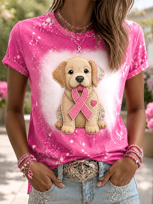 Women's Hope For A Cure Pink Ribbon Dog Print Breast Cancer Awareness Support Tee