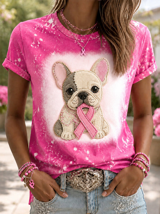 Women's Hope For A Cure Pink Ribbon Dog Print Breast Cancer Awareness Support Tee