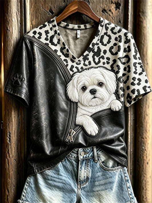 Women's Peeking Maltese Dog Unzipped Leopard Print short-sleeved T-shirt