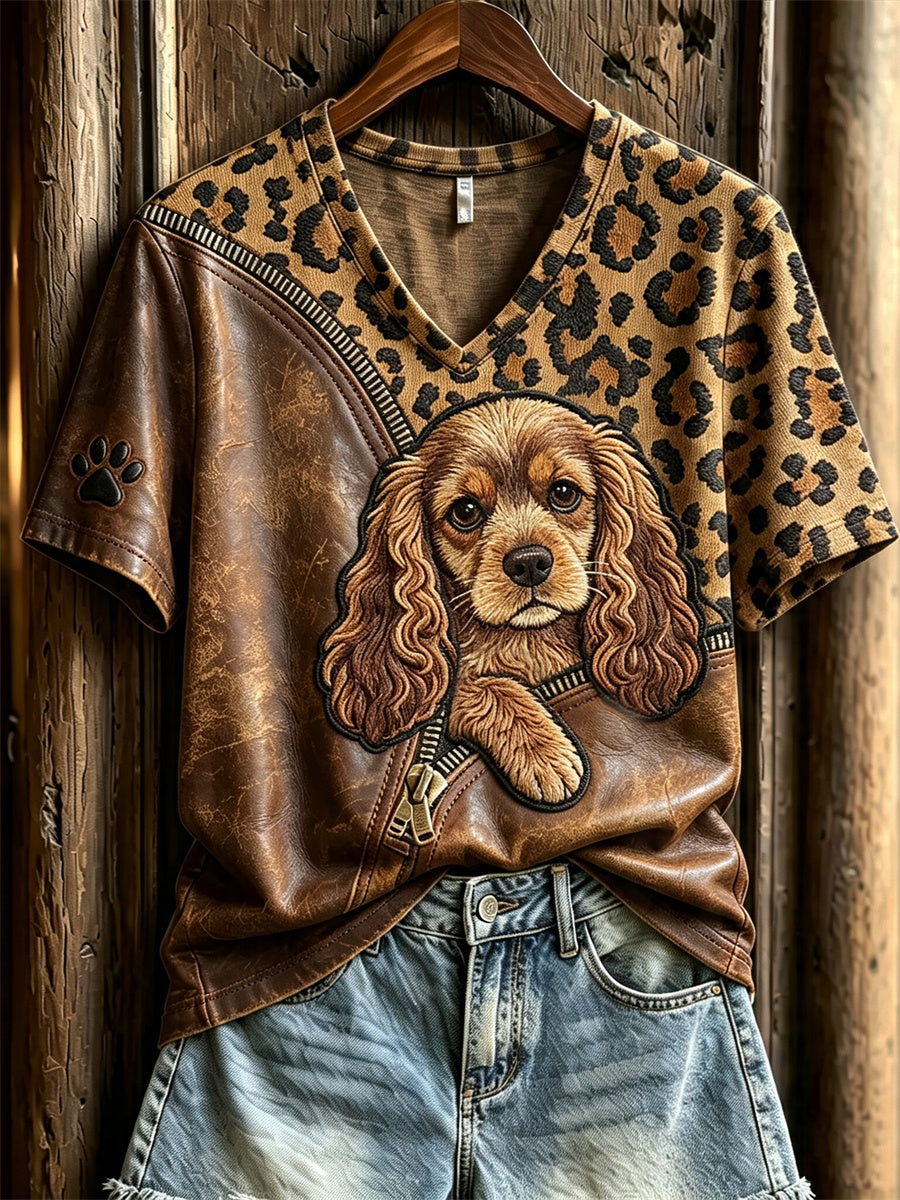 Women's Peeking Cocker Spaniel Dog Unzipped Leopard Print short-sleeved T-shirt