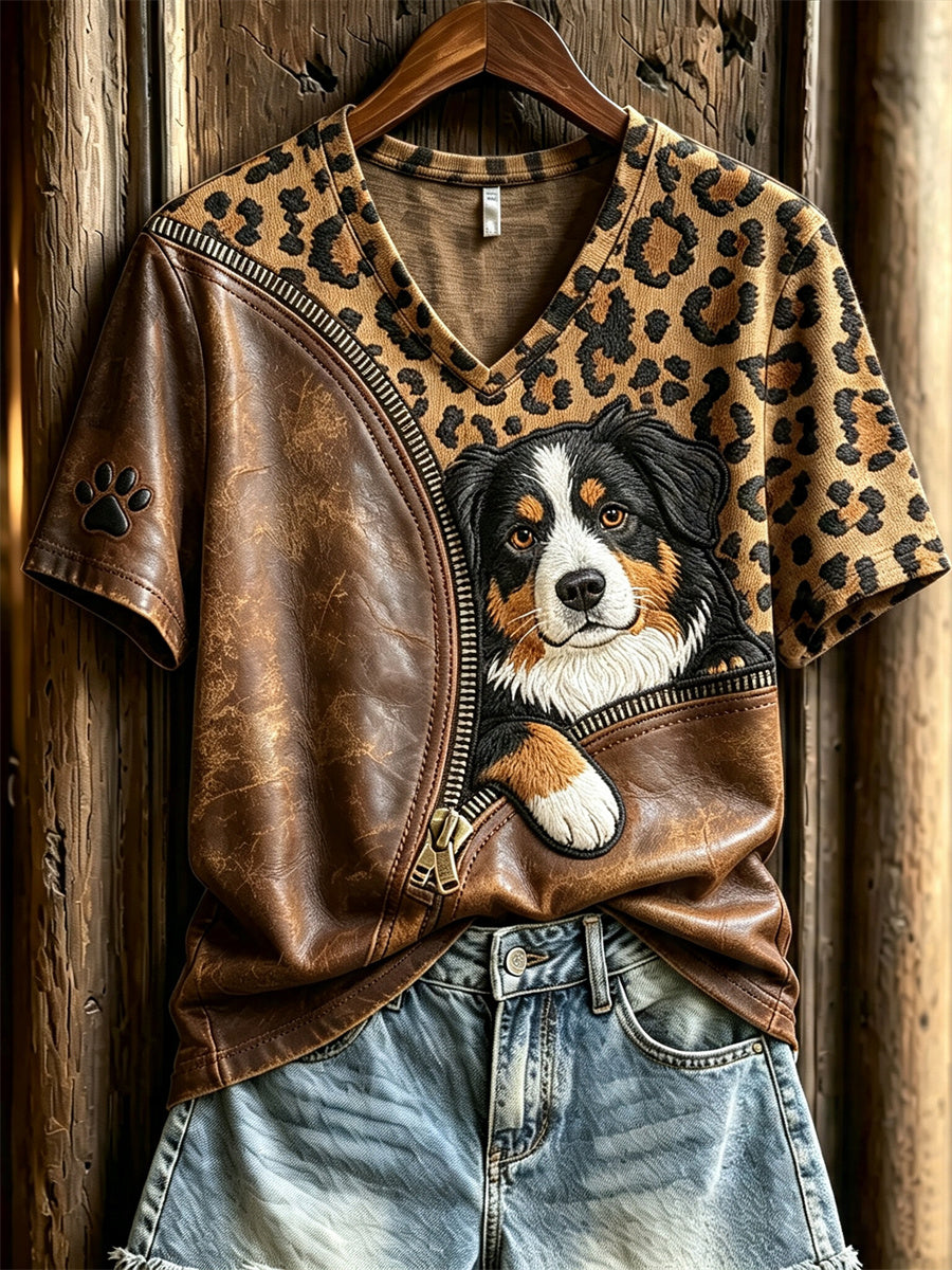 Women's Peeking Bernese Mountain Dog Unzipped Leopard Print short-sleeved T-shirt