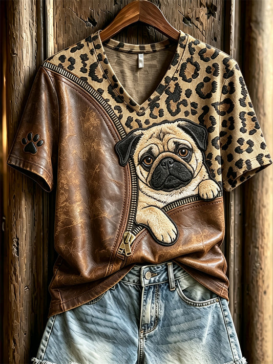 Women's Peeking Pug Dog Unzipped Leopard Print short-sleeved T-shirt