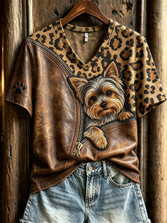 Women's Peeking Yorkshire Terrier Dog Unzipped Leopard Print short-sleeved T-shirt
