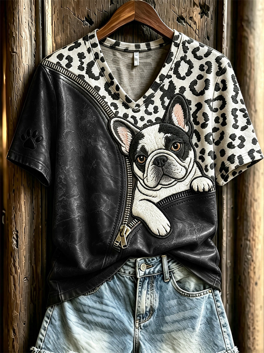 Women's Peeking French Bulldog Unzipped Leopard Print short-sleeved T-shirt