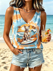 Women's Vacation Style Dog Print Tie-Dye Design Casual Vest
