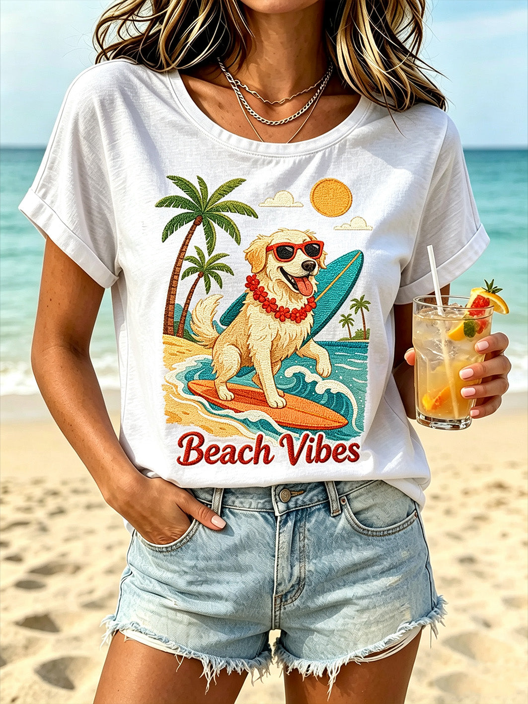 Women's Vacation Style Dog Print Tie-Dye Design Casual Short Sleeve T-Shirt