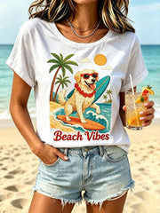 Women's Vacation Style Dog Print Tie-Dye Design Casual Short Sleeve T-Shirt