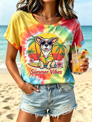 Women's Vacation Style Dog Print Tie-Dye Design Casual Short Sleeve T-Shirt