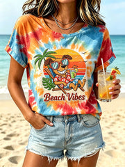 Women's Vacation Style Dog Print Tie-Dye Design Casual Short Sleeve T-Shirt