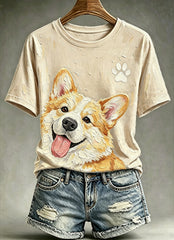 Women's Cute Animal Dog Oil Painting Printed Vintage Fashion Loose Short Sleeve T-Shirt