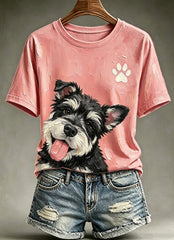 Women's Cute Animal Dog Oil Painting Printed Vintage Fashion Loose Short Sleeve T-Shirt