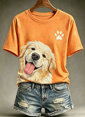Women's Cute Animal Dog Oil Painting Printed Vintage Fashion Loose Short Sleeve T-Shirt