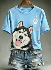 Women's Cute Animal Dog Oil Painting Printed Vintage Fashion Loose Short Sleeve T-Shirt