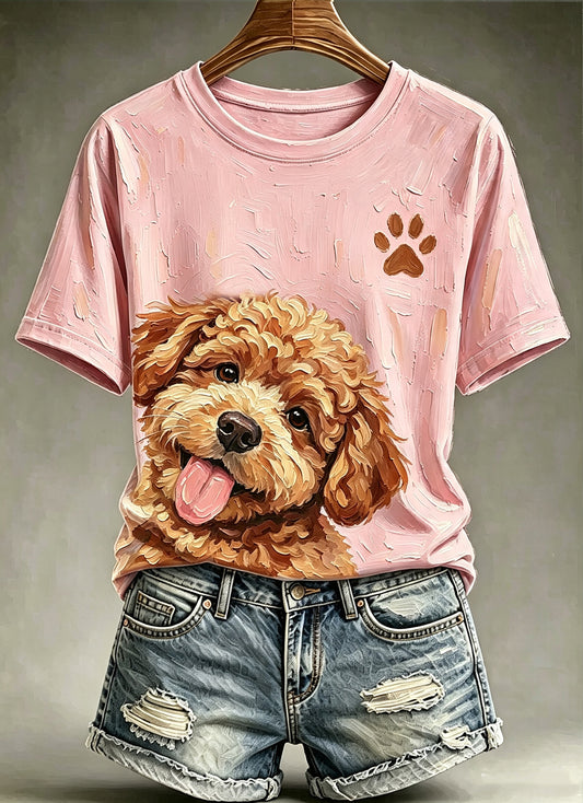 Women's Cute Animal Dog Oil Painting Printed Vintage Fashion Loose Short Sleeve T-Shirt