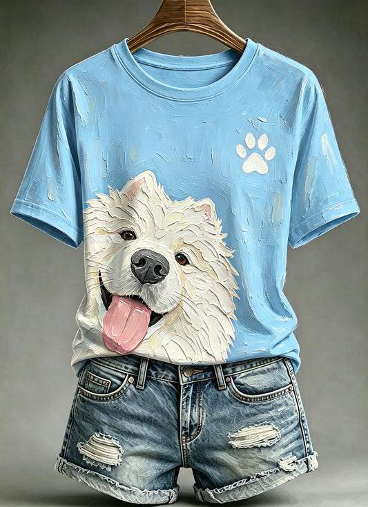 Women's Cute Animal Dog Oil Painting Printed Vintage Fashion Loose Short Sleeve T-Shirt
